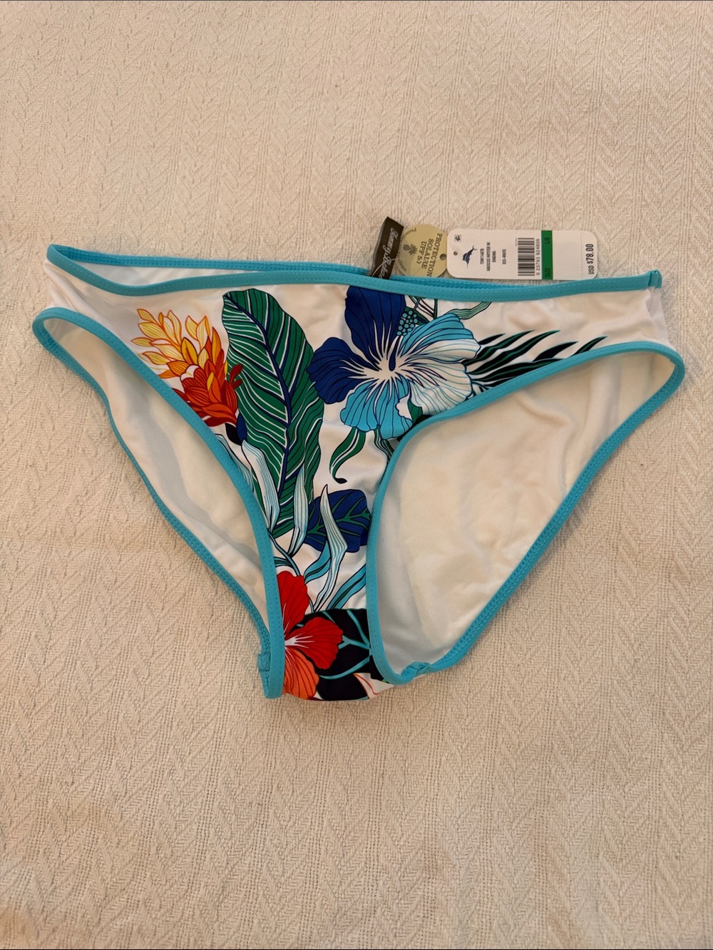 Tommy Bahama White Bikini Bottom with Turquoise Trim and Multicolor Floral Print
